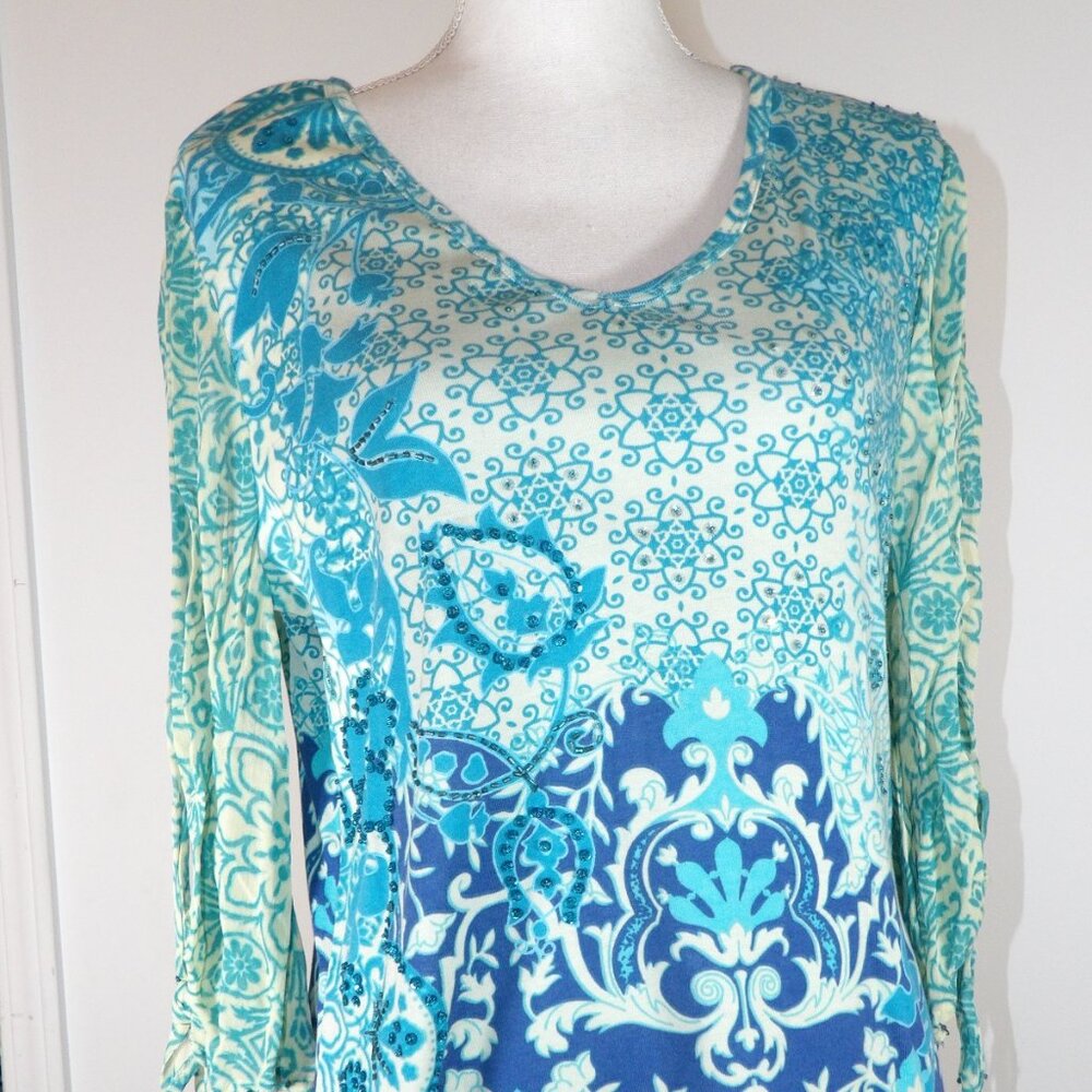 Bila Women's Boho Blouse Adult Extra Large XL Blue with Rhinestones